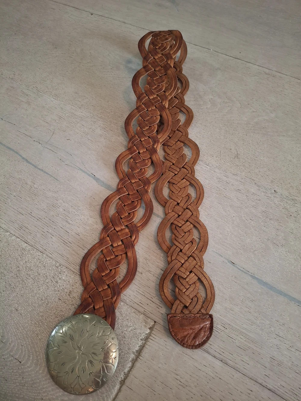 Vintage Moroccan Woven Brown Leather Belt with Etched Silver Floral Buckle